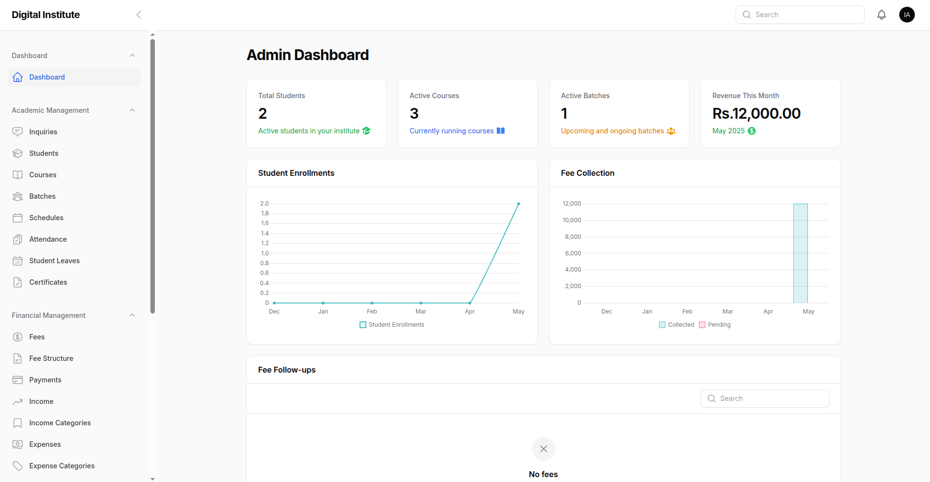 DigiIMS Dashboard Preview showing institute management interface